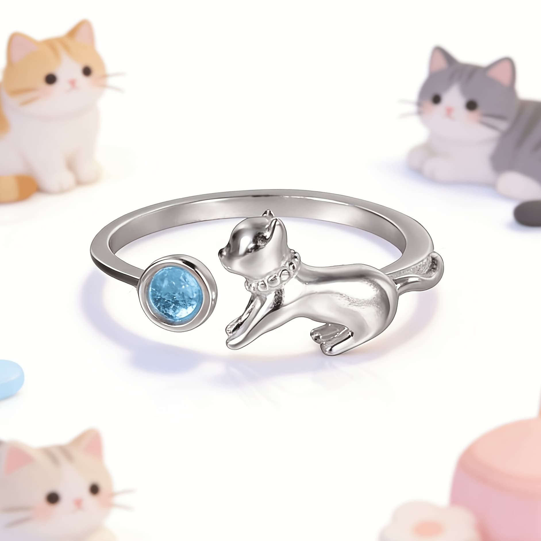 Anillo de gatito de piedra lunar, 1 pieza, dulce y genial, tierno, dulce, de...